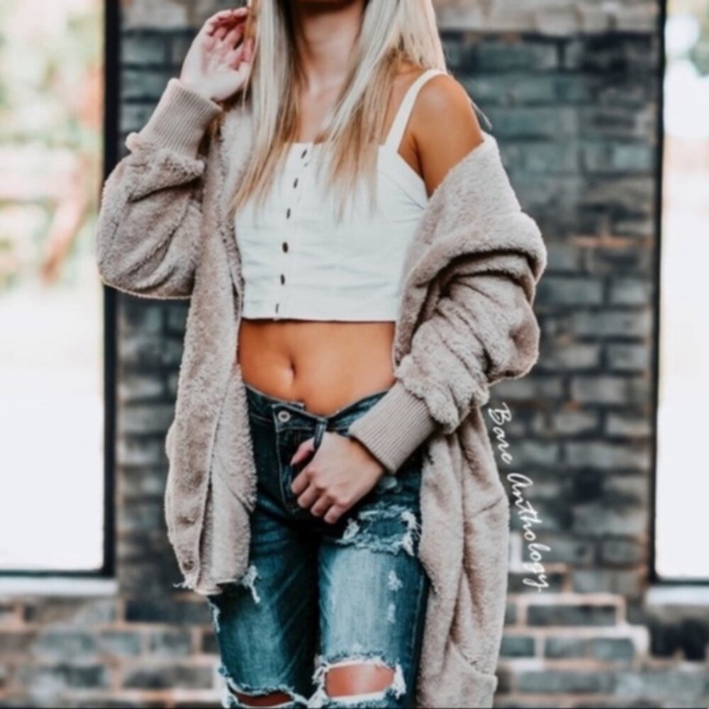 Oversized Fuzzy Fluffy Hoodie Hooded Soft Jacket Beige Tan OS